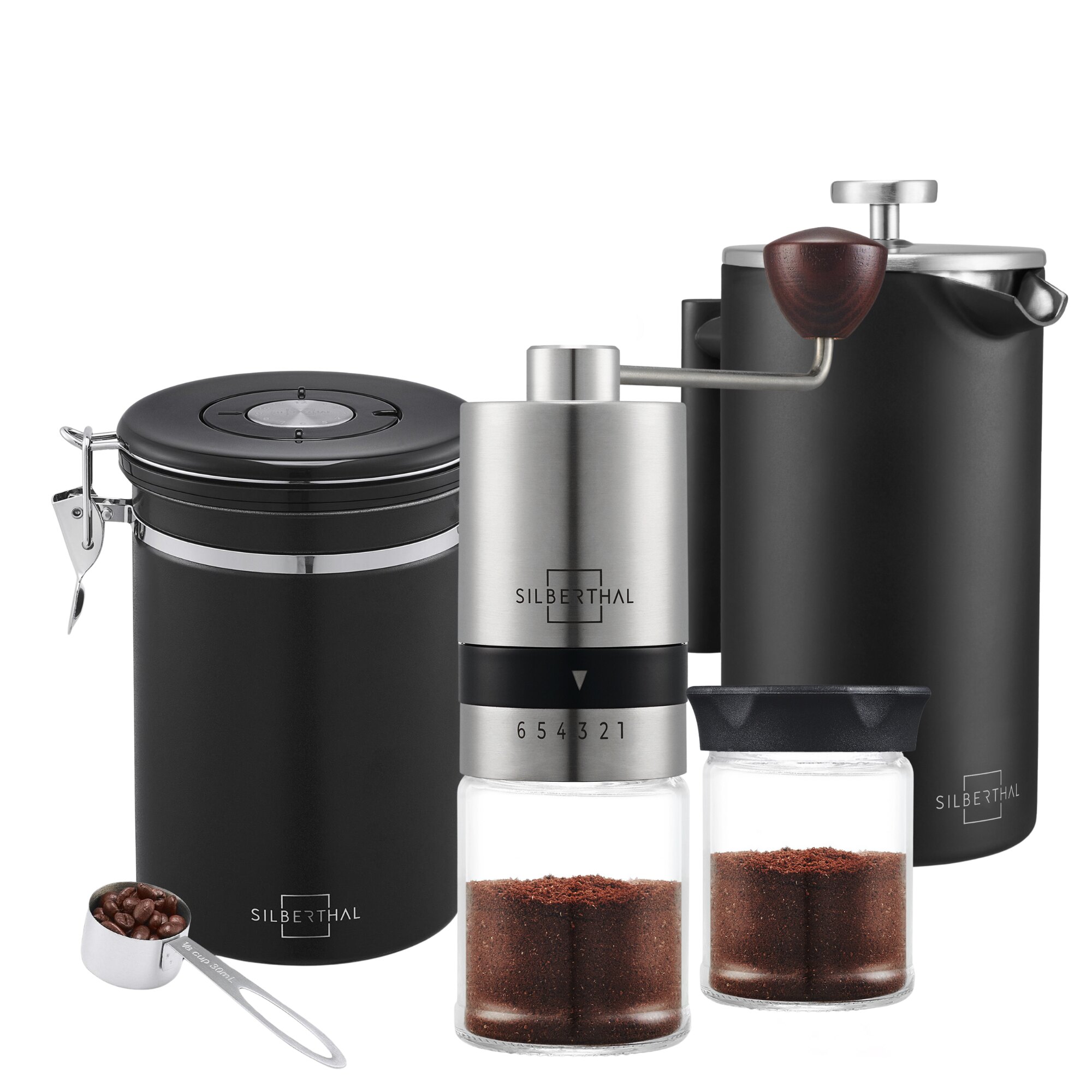 Coffret cafetière à piston, moulin manuel et boîte à café – Silberthal