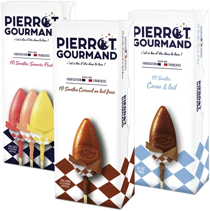 Trois boîtes de 10 sucettes Pierrot Gourmand : saveurs fruits, caramel au lait frais, cacao et lait